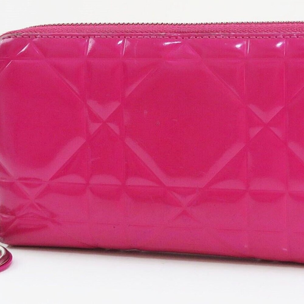 Auth CHRISTIAN DIOR Lady Dior Pink Patent Leather Zippered Long Wallet
